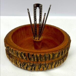 Vintage 1960’s hand turned pine nut bowl with nut cracker and 3 picks